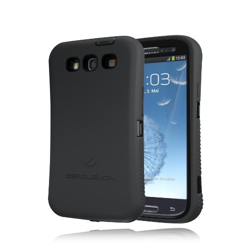 [180 Days Warranty][Case WITHOUT battery] Zerolemon Midnight Black / Viper Black Zero Shock Series for Samsung Galaxy S3 S III I9300 - Covers All Battery Sizes - Worlds Only Universal Form Fitting Case. Rugged Hybrid Case Includes Screen Protector, Belt Clip and Kickstand