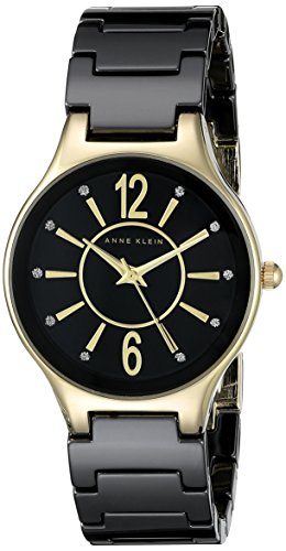 Anne Klein Women's AK/2182BKGB Glitter Accented Gold-Tone and Black Ceramic Bracelet Watch