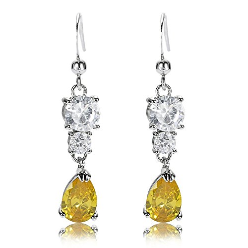 Rizilia Jewelry White Gold Plated Pear Cut Yellow Color Stone Drop Earrings