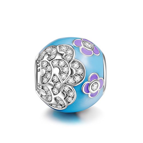 NinaQueen® *Camellia* 925 Sterling Silver Blue and Purple Zirconia Charms, Fits Pandora Bracelet, Elegant Flowers Charms