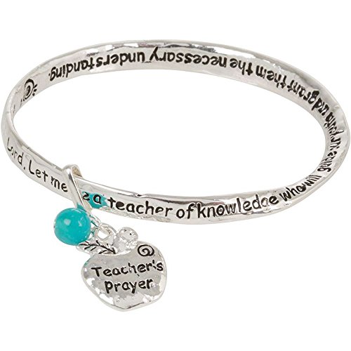 Teacher Prayer Silver Tone Bangle Bracelet with Dangling Apple Charm