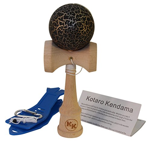 Kotaro Kendama Beech Hardwood Pro Kendama with Black and Gold Crackle Ball Deluxe Pro Toy Catch Game with Extra String and Carrying Holster