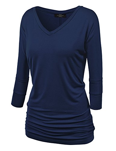MBJ WT1036 Womens V Neck 3/4 Sleeve Dolman Top with Side Shirring S NAVY