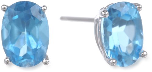 14k White Gold 7x5mm Oval-Shaped Swiss Blue Topaz Stud Earrings