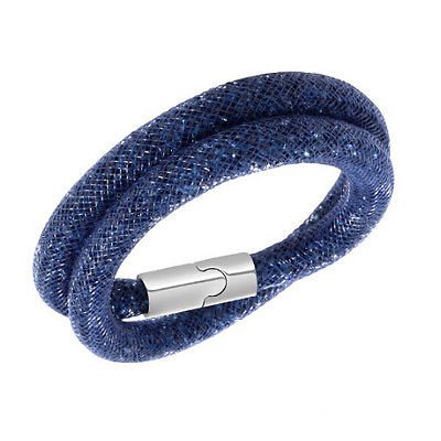 Navy Blue Fishnet Stardust Mesh Bracelet Bangle Magnetic Clasp Two Rows BB133