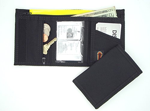 Trifold Hook and Loop Wallet with Zipper Coin Pocket - Black - MADE IN U.S.A.