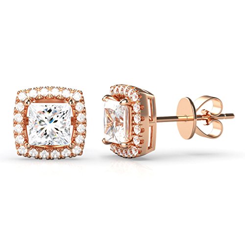 925 Rose Gold Plated Sterling Silver Princess Cut CZ Cubic Zirconia Halo Earrings