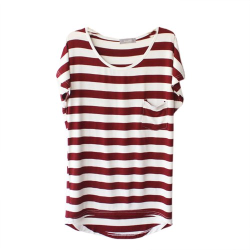 Zeagoo Women's Summer Stripe Pocket Short Sleeve Casual Loose T-shirt Tops Wine Red