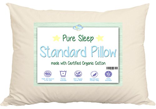 Bed Pillow With Delicate Handmade Organic Cotton Shell. Your Pure Sleep Standard 20x26 Size Works With Twin & Queen Beds & Pillowcases. Made In USA By A Family Company Thats Been Around For Decades.