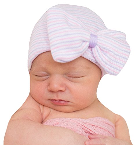 Melondipity's Purple and Pink Nursery Striped Newborn Girl Hospital Hat with Big Bow