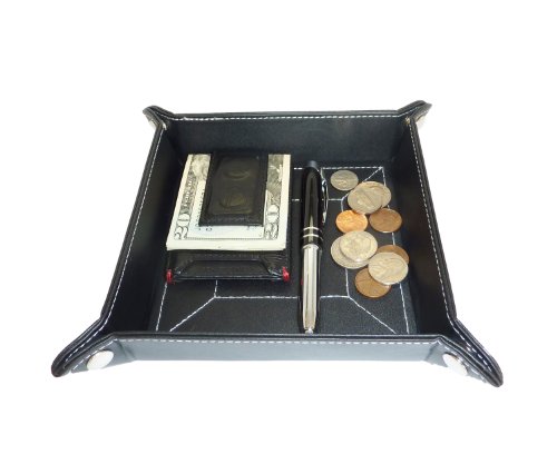 Black Leather Mens Jewelry Catchall Key Wallet Coin Box Tray Valet Change Caddy