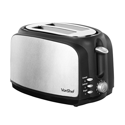 VonShef 700W 2-Slice Wide Slot Toaster with High Lift Lever & Slide-out Crumb Tray - Stainless Steel
