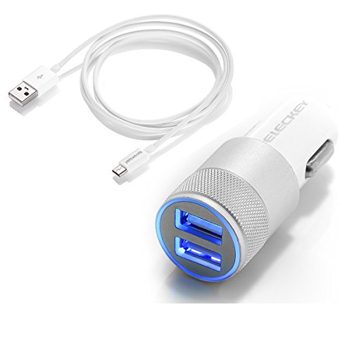 Car Charger, Eleckey 2.1A Dual USB Port Car Charger + 3ft Micro USB 2.0 cable for Samsung Galaxy, Nexus, HTC, Motorola, Nokia and More(Silver+Micro USB Cable)