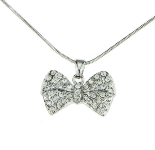 Crystal Iced Out Bow Ribbon Pendant Mood Necklace Silver Snake Chain for Women Teen Little Girls Jewelry