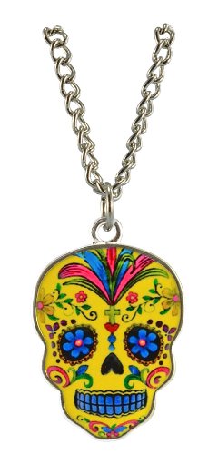 Day of the Dead Sugar Skull Epoxy Necklace with Chain - Assorted Colors and Designs (Yellow Sugar Skull)