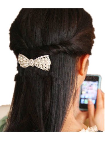 QIYUN.Z Women's White Pearl Bling Rhinestone Beaded Silver Hair Barrette Clip Pin for Long Hair Ponytail Holder