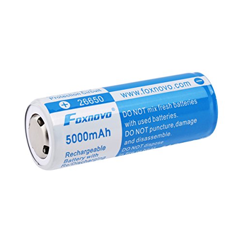 Foxnovo ICR26650 5000mAh 3.7V 18.5Wh High Drain IC Protected 26650 Rechargeable Lithium Li-ion Battery