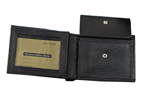 Campus Market Wallet Genuine Leather Black Bifold with Extra Card Flap & Coin Purse: 6 Credit Card Holders, 1 ID Mesh-window, 2 Bill Holders, 3 Side Receipt Pockets, 1 Coin Purse