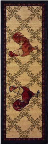Kitchen Collection Rooster Beige Multi-Color Printed Slip Resistant Rubber Back Latex Contemporary Modern Runner Area Rug (Single Rooster)