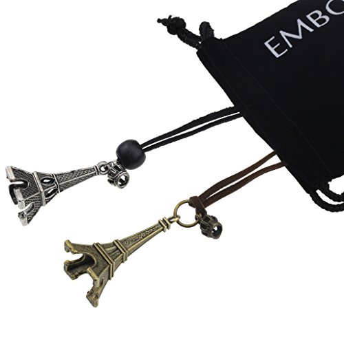 Charm Set Black and Brown Leather Cord Strand withBronze and Silver Eiffel Tower Shape Choker Pendant