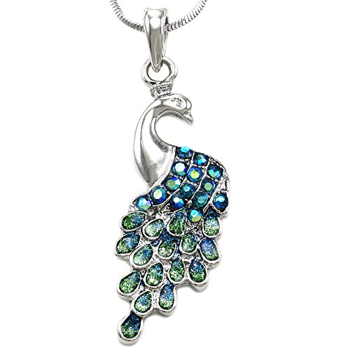 Green Peacock Pendant Necklace Charm Aurora Borealis Rhinestones Fashion Jewelry