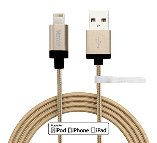 (MFI Licensed)- Veetop® 8 pin 3.3ft/1.0m Sync Charger USB Lightning Data cable for iPhone 6S ,6, 6 plus, 5, 5c, 5s, iPad Air,iPad Retina, iPad mini, iPad mini Retina, iPod Nano 7, iPod Touch 5 (With Velcro Wrap) (1.0m Braided Cable, Gold)