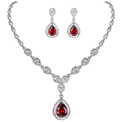 EVER FAITH® Teardrop Necklace Earrings Set Ruby Color May Birthstone CZ N01448-3