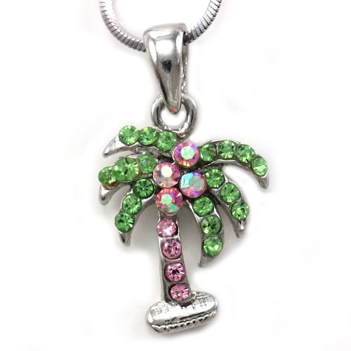 Adorable Pink Tropical Beach Palm Tree Pendant Necklace Charm Green Rhinestones Summer Fashion Jewelry