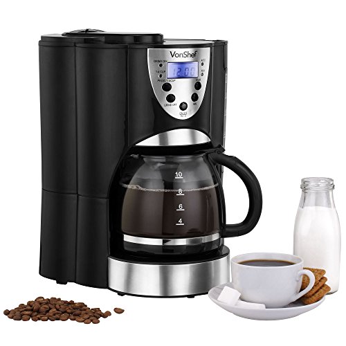 VonShef 1000W Programmable Digital Filter Coffee Maker with Integrated Grinder and Reusable Filter - 10 to 12 Cup - Free 2 Year Warranty