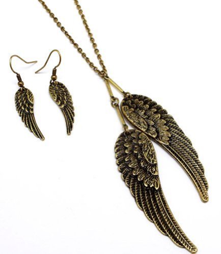 Elegant Antique Gold Tone Angel Wings Necklace and Earrings Set Fashion Jewelry for Women and Teens