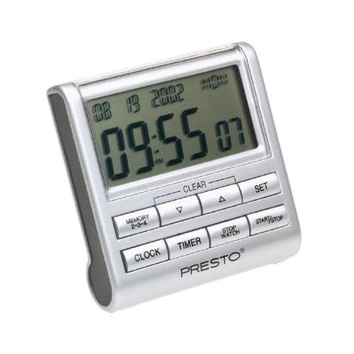 PRESTO 04212 Electronic Clock/Timer with four functions; timer, stopwatch, calendar, and clock. Digital displays hours, minutes and seconds.