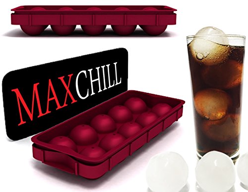 MaxChill Ice Ball Maker - Make Spherical Ice Balls For All Your Drinks | Eco-Friendly 10 Cavity Mould Made with Premium Food Grade Silicone | Designed for All Glass Sizes Incl FREE Funnel and Transfer Tray in Burgundy Wine