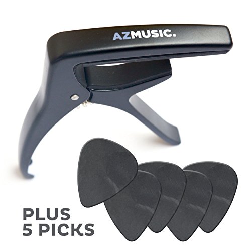 AZMUSIC Single-handed, Trigger Guitar Capo for Quick Changes, Includes 5 Guitar Picks, Black