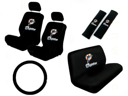 11 Piece NFL Auto Interior Gift Set - Miami Dolphins - A Set of 2 Seat Covers, 1 Rear Bench Cover, 1 Steering Wheel, and A Set of 2 Seat Belt Pads