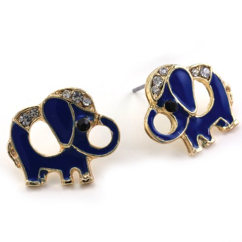 Royal Blue Baby Elephant Animal Stud Post Earrings Clear Rhinestones