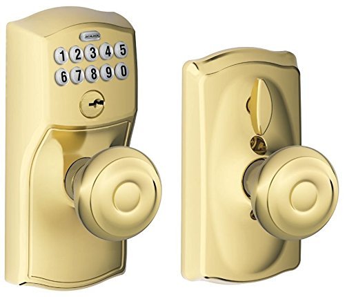 Schlage FE595 CAM 505 GEO Camelot Keypad Entry with Flex-Lock and Georgian Style Knobs, Bright Brass