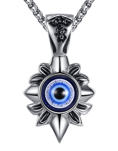 Men's Stainless Steel Blue Evil Eye Protection Biker Pendant Necklace, 24 Link Chain, ddp026la