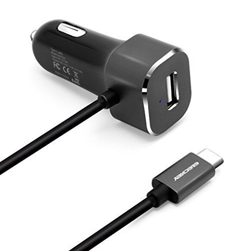 USB Type-C Car Charger, Eleckey 5.4A USB C Car Charger Adapter with Built-in USB Type C Cord for Nexus 5X, Nexus 6P, OnePlus 2, Lumia 950, Lumia 950XL, Nokia N1, Apple MacBook 12 inch and More
