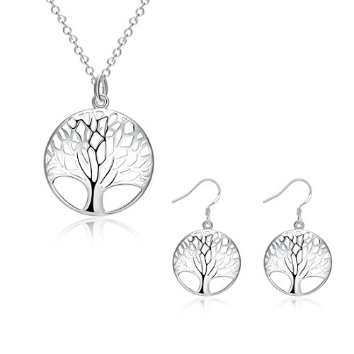 NIANPU Fashion Jewelry Women's 925 Silver-Plated Tree of Life Pendant Earring Necklace Set
