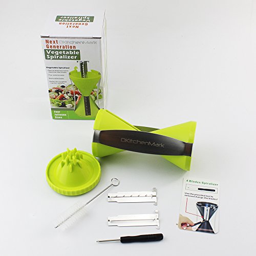 Spiralizer: Spiral Slicer with 4 Exchangeable Blades, Great Zucchini Spaghetti Maker for a Healthy Living, 150% Bigger, Comes with Flexible Cleaning Brush,