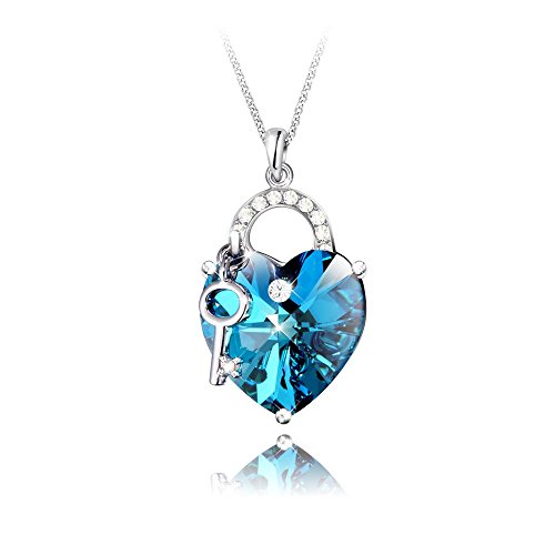 PLATO H Venice Lover Ocean Blue Heart & Key Jewelry Necklace Gift with Swarovski Crystals