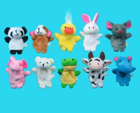 Qiyun 10 Pc Soft Plush Animal Finger Puppet Set (includes Elephant, Panda, Duck, Rabbit, Frog, Mouse, Cow, Bear, Dog, Hippo)