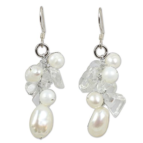 NOVICA Cultured Freshwater Pearl and Quartz Cluster Earrings with Sterling Silver Hooks, 'Icicles'