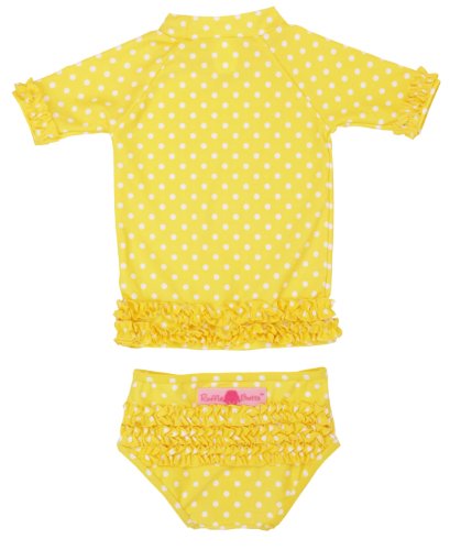 RuffleButts® Little Girls Yellow Polka Dot Ruffled Rash Guard Bikini