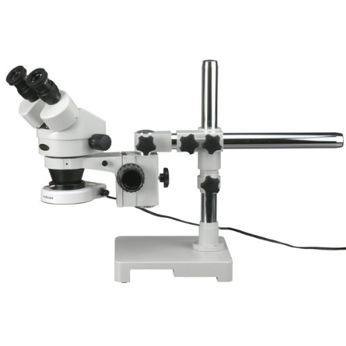 AmScope SM-3B-80S Professional Binocular Stereo Zoom Microscope, WH10x Eyepieces, 7X-45X Magnification, 0.7X-4.5X Zoom Objective, 80-Bulb LED Ring Light, Single-Arm Boom Stand, 90V-265V