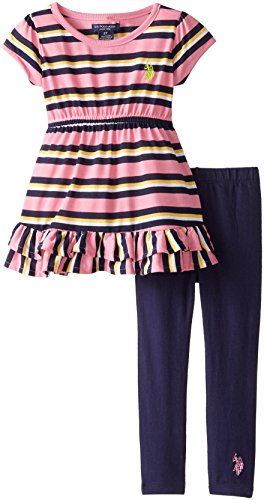 U.S. POLO ASSN. Little Girls' Short Sleeve Striped Tunic and Solid Leggings, Pink Lemonade, 3T