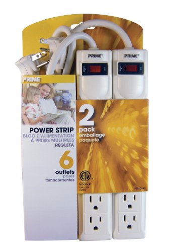 Prime Wire & Cable PB8100X2 6-Outlet Power Strips with 3-Foot Cord, White, 2-Pack