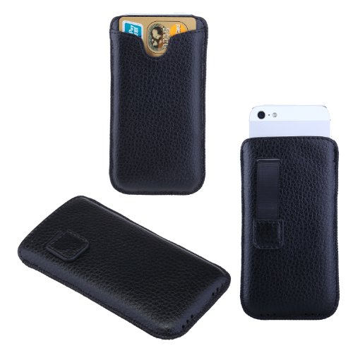 TeckNet iPhone 5 Genuine Leather Pouch Case Cover with Card Slot, Elastic Pull Strap and Premium Nubuck Fibre Interior including iPhone 5 Screen Protector - Black
