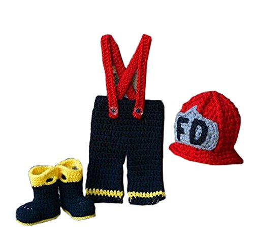 Pinbo Newborn Boys Photography Prop Crochet Firefighter Fireman Hat Pants Shoes