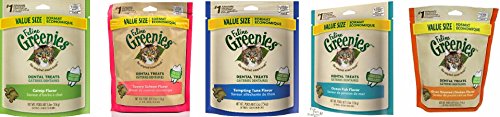 Greenies Dental Cat Treats Variety Pack - (1) of Each of 5 Flavors (Tempting Tuna, Savory Salmon, Ocean Fish, Oven Roasted Chicken, and Catnip Flavor) -5.5 Ounces Each (5 Total Pouches)
